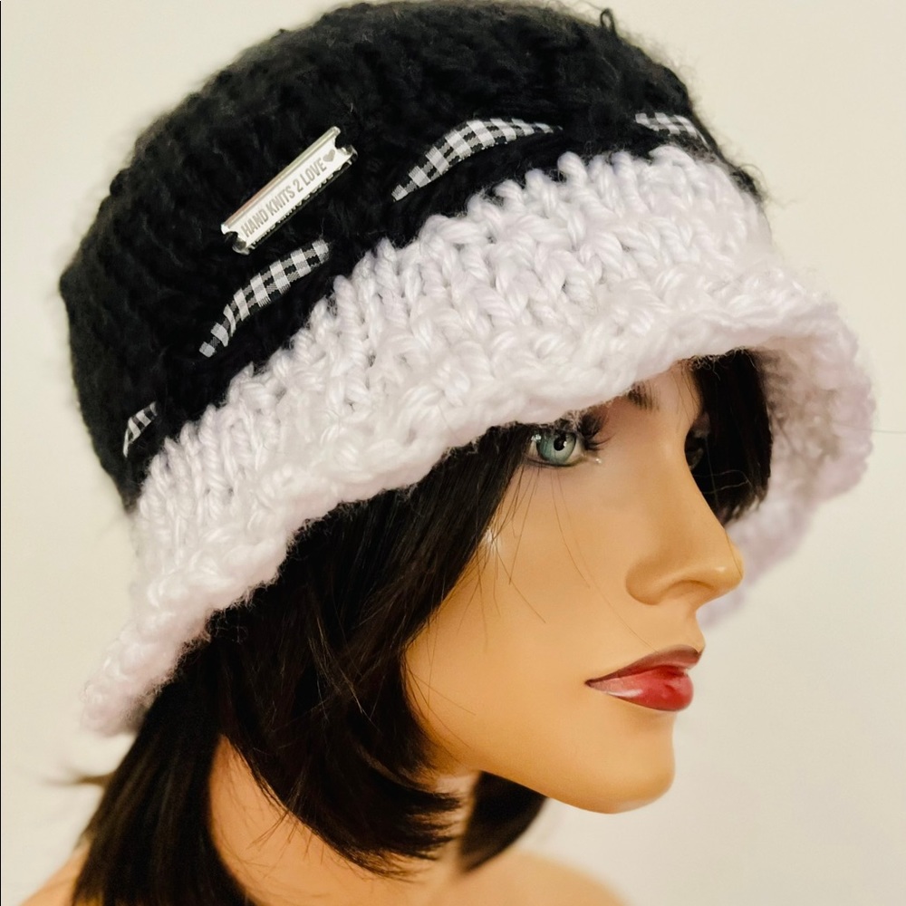 Hand Knits 2 Love Brim Hat Cap Beanie Designer Checkered Tie Black White